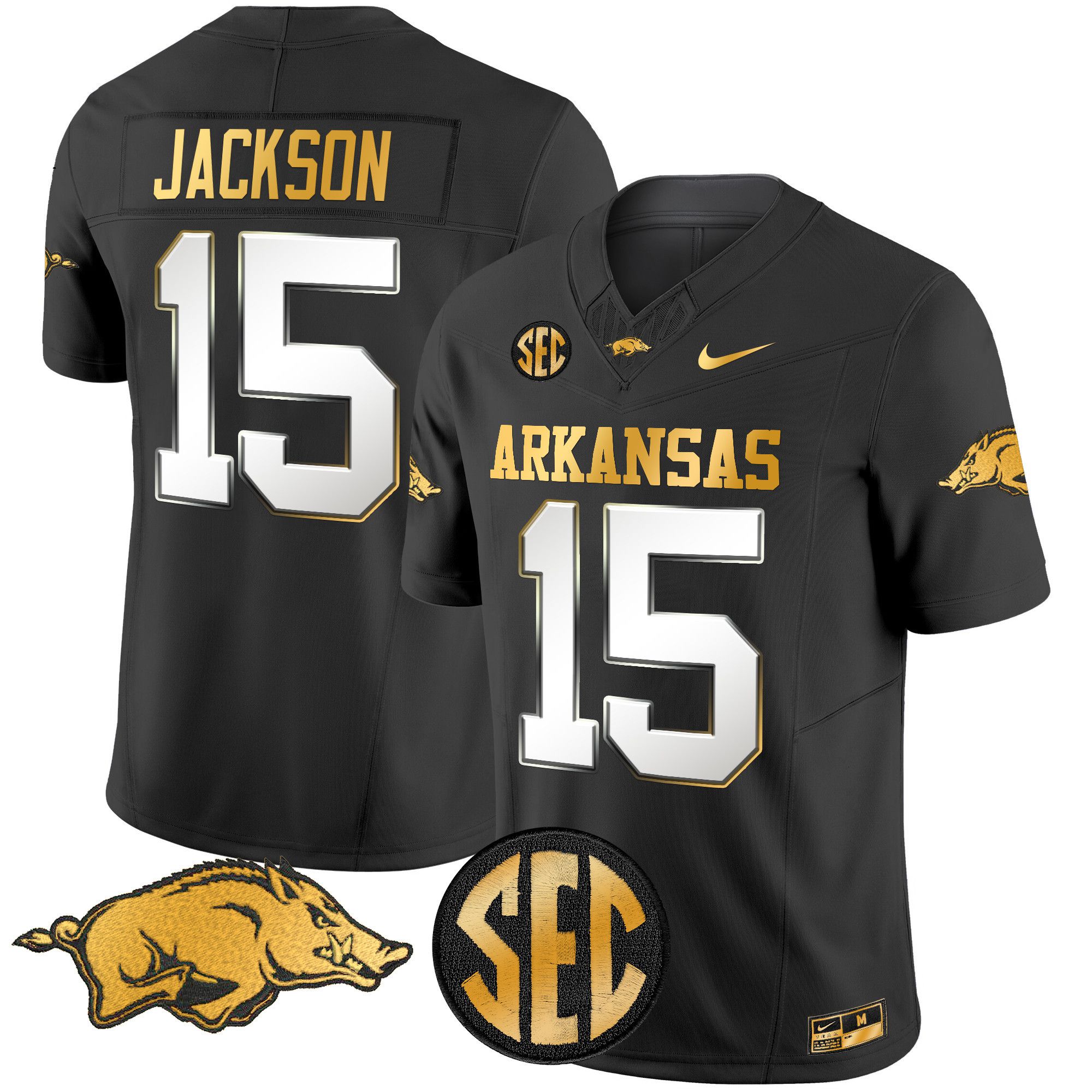 Men Arkansas Razorbacks #15 Jackson Black Nike 2024 Gold Vapor Limited NCAA Jersey style 2